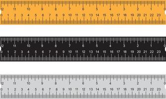 Set of three rulers on transparent background. Plastic yellow, black, gray insulated rulers with double side measuring inches and centimeters. vector