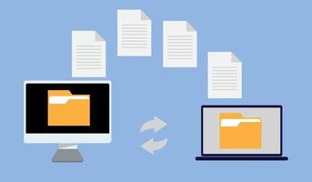File transfer. Two computers with files on blue background, folder or documents transferring between each other. Transfer of documentation. File sharing concept. vector