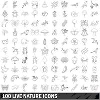100 live nature icons set, outline style vector