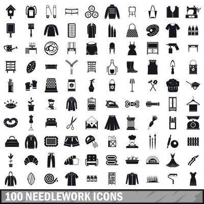 100 needlework icons set, simple style