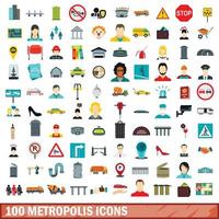 100 metropolis icons set, flat style vector