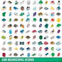 100 municipal icons set, isometric 3d style vector