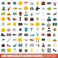 100 iconos de mercancías de contrabando, estilo plano vector