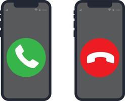 Answer and decline phone call buttons. Green yes,no buttons with handset silhouettes icon. Phone call icons