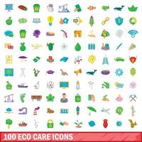 100 iconos de cuidado ecológico, estilo de dibujos animados vector