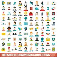 100 social communication icons set, flat style vector