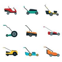 Lawnmower grass garden icons set, flat style vector