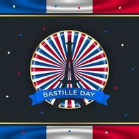 ilustración de fondo del día de la bastilla con la torre eiffel y el vector de bandera ondeante