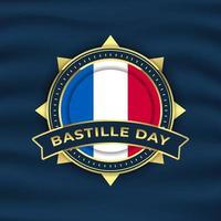 bastille day background illustration with gold emblem and waving flag vector