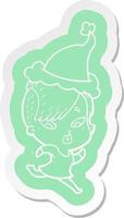 cartoon  sticker of a surprised girl wearing santa hat vector