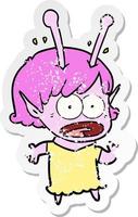 distressed sticker of a cartoon shocked alien girl vector