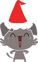 happy little dog flat color illustration of a wearing santa hat vector