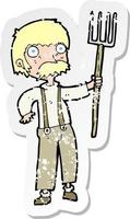 retro distressed sticker of a cartoon farmer with pitchfork vector