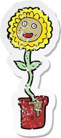 retro distressed sticker of a cartoon flower with face vector