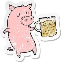 retro distressed sticker of a cartoon pig with beer vector