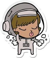 pegatina de una linda astronauta de dibujos animados quitándose el casco espacial vector