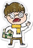 distressed sticker of a cartoon boy holding gift and wearing spectacles vector