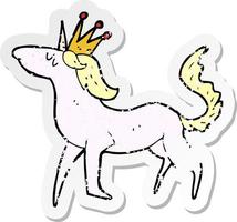 pegatina retro angustiada de un unicornio de dibujos animados vector