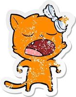 distressed sticker of a cartoon yawning cat vector