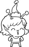 line drawing of a alien girl laughing wearing santa hat vector