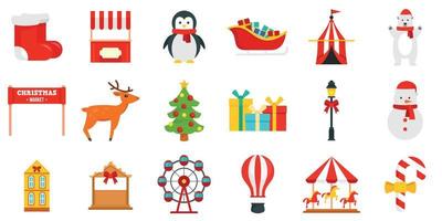 conjunto de iconos de feria de navidad, estilo plano vector