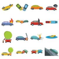 Accident car crash case icons set vector isolated