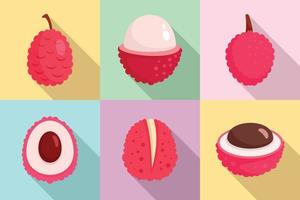 Lychees icons set, flat style vector