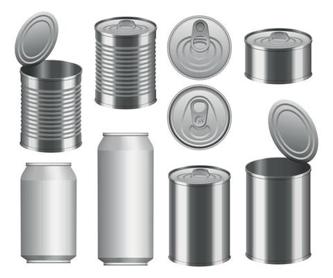 Tin can food package mockup set, realistic style