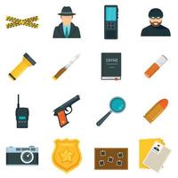 Crime investigation icons set, flat style vector