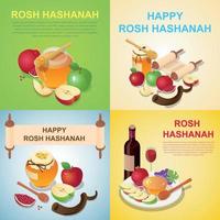 Rosh Hashanah banner concept set, isometric style vector