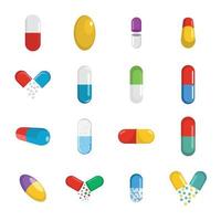 Capsule pill medicine icons set, flat style vector