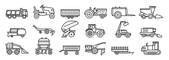 Agricultural machines equipment icons set, outline style vector