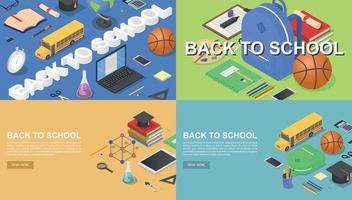 Back to school banner concept set, isometric style vector