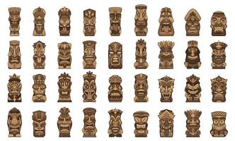 Tiki idols icons set, cartoon style vector