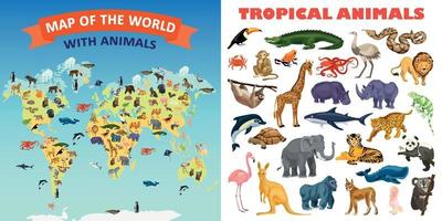 Zoo animals banner set, cartoon style vector