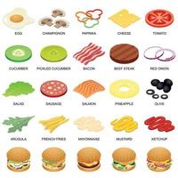 Burger ingredient icons set, isometric style vector