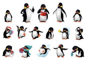 Penguin icons set, cartoon style vector