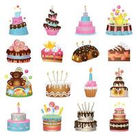 Cake birthday icons set, cartoon style vector