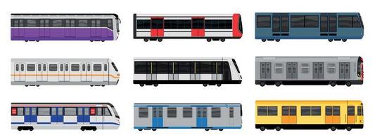 Subway train icons set, cartoon style vector
