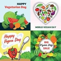 Vegan day banner set, cartoon style vector