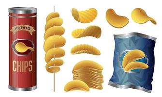 Chips potato icons set, cartoon style vector