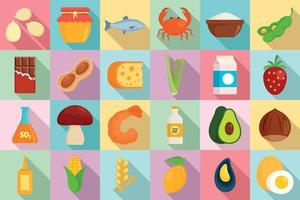 Food allergy icons set, flat style vector