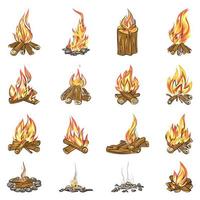 Campfire icons set, cartoon style