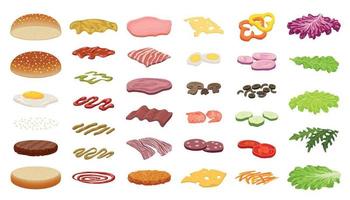 Burger icons set, cartoon style vector