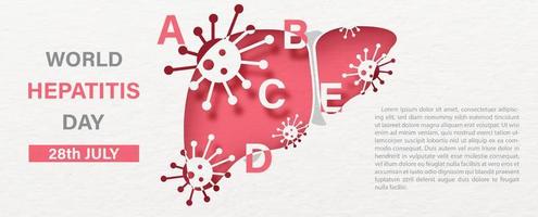 Hepatitis virus on the human liver and wording of World Hepatitis Day, example texts on white paper pattern background. Poster's campaign in paper cut style and banner vector design.