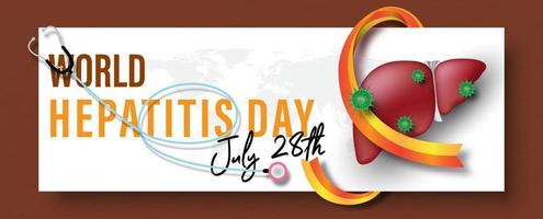 Stethoscope with a campaign ribbon on a human liver, symbols of virus and wording of World Hepatitis Day, on world map and white, brown background. Poster's campaign in banner vector design.