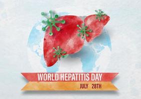 hígado humano con símbolo de virus y redacción del cartel del día mundial de la hepatitis sobre fondo global y azul claro. campaña de afiches en estilo acuarela y diseño vectorial. vector