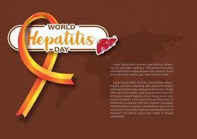 redacción de la pancarta del día mundial de la hepatitis con un hígado humano y símbolo de virus en una cinta de campaña gigante en el mapa mundial y fondo marrón. vector