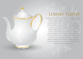 Luxury and vintage white ceramic tea pot with example texts on Thai art pattern and white gradient background. vector