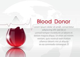 gota de sangre gigante en diseño de vidrio con reflexión y ejemplos de textos de lorem ipsum en el mapa mundial y fondo blanco. todo en diseño vectorial. vector